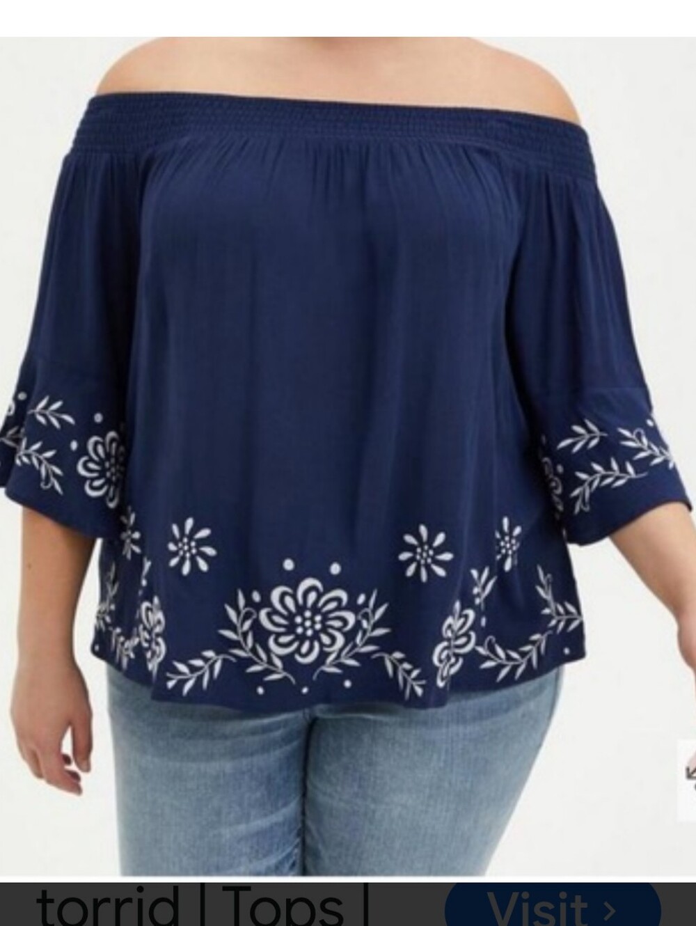torrid Navy Off-Shoulder Embroidered Peasant Top Size 1